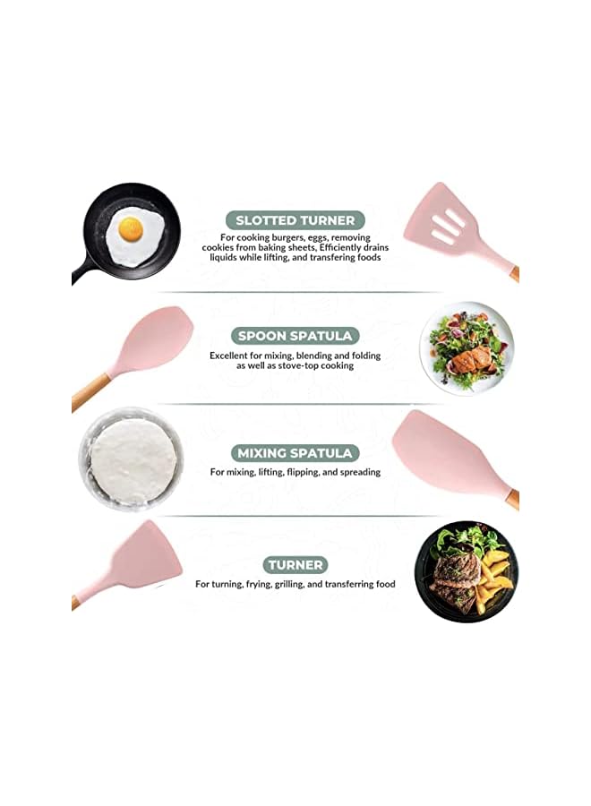 erorex Monoptilon Silicone Cooking Utensils Set of 11 Pieces Nonstick Cookware with Storage Bucket, Heat Resistant Kitchen Untensils Set with Nature Wood Handles (Pink)  - Image 4