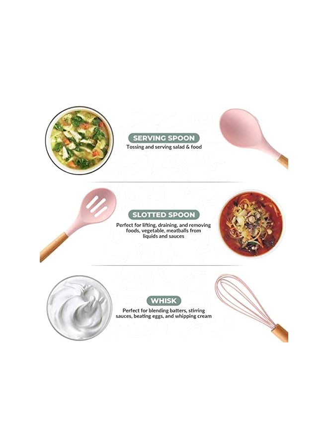 erorex Monoptilon Silicone Cooking Utensils Set of 11 Pieces Nonstick Cookware with Storage Bucket, Heat Resistant Kitchen Untensils Set with Nature Wood Handles (Pink)  - Image 5