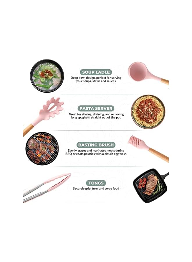 erorex Monoptilon Silicone Cooking Utensils Set of 11 Pieces Nonstick Cookware with Storage Bucket, Heat Resistant Kitchen Untensils Set with Nature Wood Handles (Pink)  - Image 3