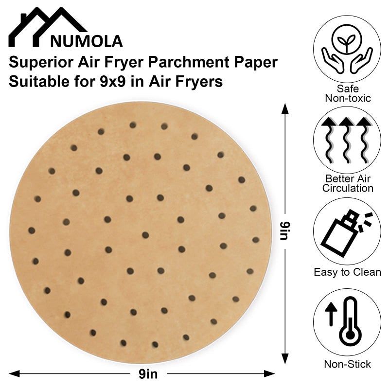 Numola Air Fryer Parchment Paper Liners, 100 Pcs Disposable Papers Liner for Baking, 9 Inch Safe and Non-stick Unbleache Steamer Liner for Microwave, Oven, Steaming Basket - Image 2