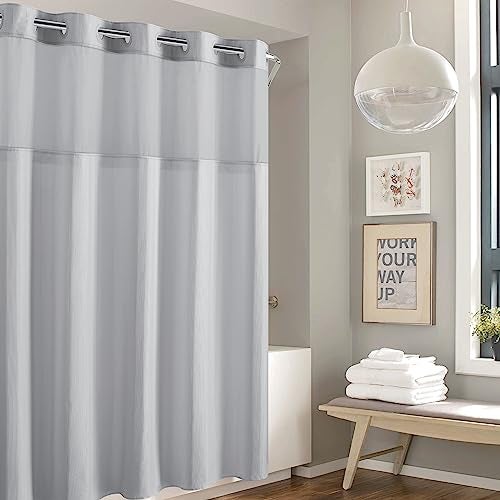 Hookless It’s A Snap! Waffle Stripe Shower Curtain, 2-in-1 Shower Curtain Includes Fabric Shower Curtain with Sheer Top Window and Flex-On Rings, Liner Compatible, 71” x 74”, Light Grey - Image 1