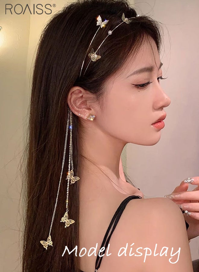 roaiss Fashionable And Versatile Golden Butterfly Tassel Headband Women'S Daily Party Pearl Rhinestone Decorated Exquisite Hair Accessories - Image 2
