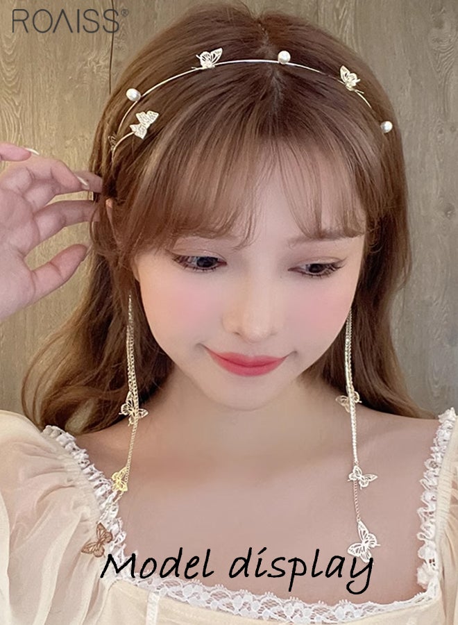 roaiss Fashionable And Versatile Golden Butterfly Tassel Headband Women'S Daily Party Pearl Rhinestone Decorated Exquisite Hair Accessories - Image 1
