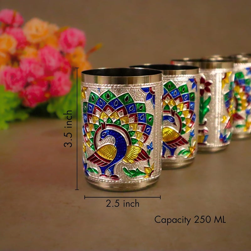 Giftguys 6Piece Indian Meenakari Peacock Steel Glass Set Premium Artisan Drinkware for Home Party Gifting - Image 5