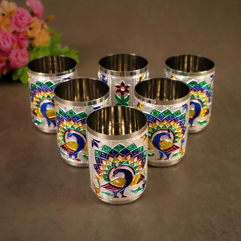 Giftguys 6Piece Indian Meenakari Peacock Steel Glass Set Premium Artisan Drinkware for Home Party Gifting - Image 1
