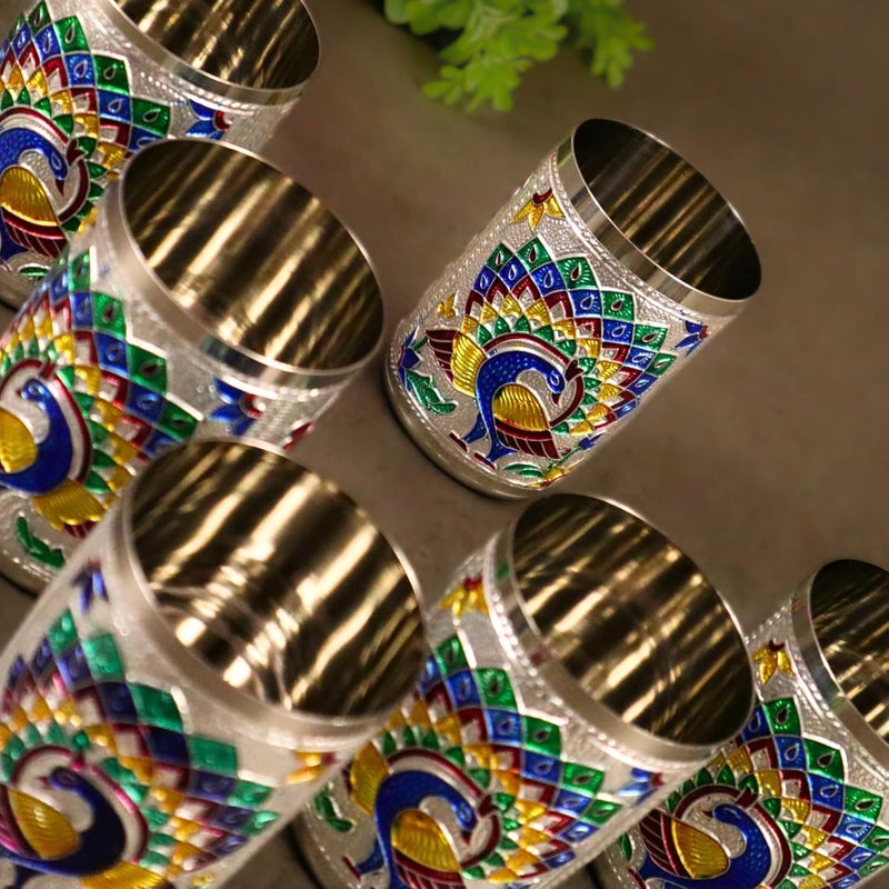 Giftguys 6Piece Indian Meenakari Peacock Steel Glass Set Premium Artisan Drinkware for Home Party Gifting - Image 3