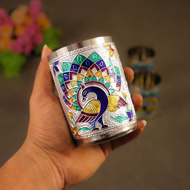 Giftguys 6Piece Indian Meenakari Peacock Steel Glass Set Premium Artisan Drinkware for Home Party Gifting - Image 2