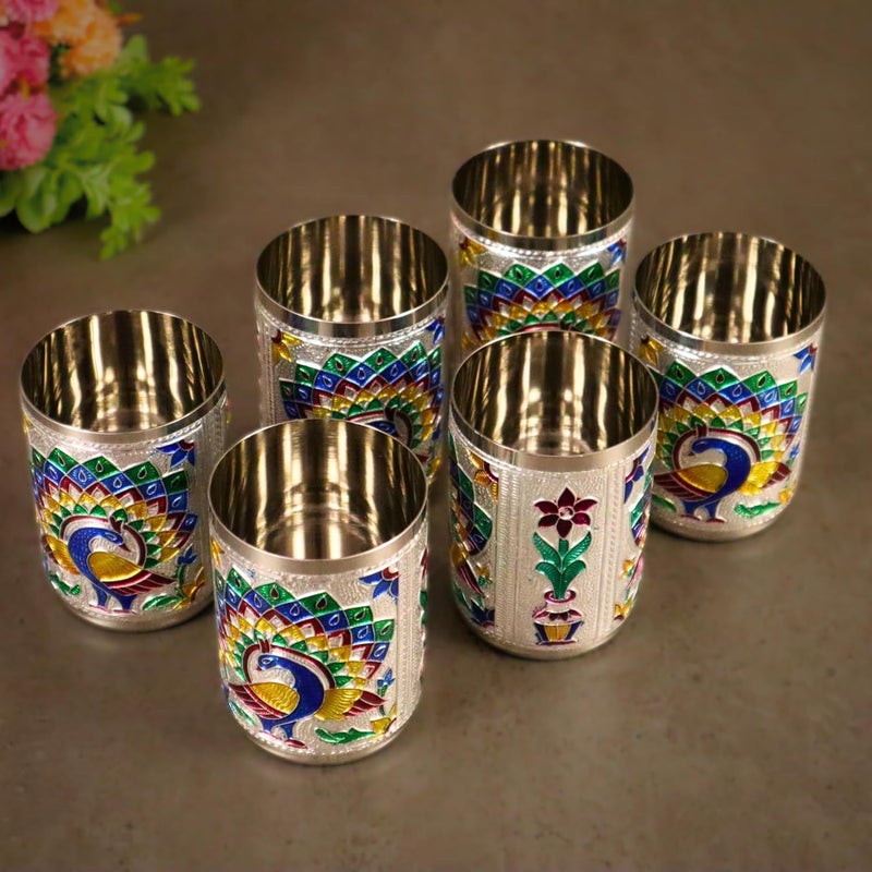 Giftguys 6Piece Indian Meenakari Peacock Steel Glass Set Premium Artisan Drinkware for Home Party Gifting - Image 4
