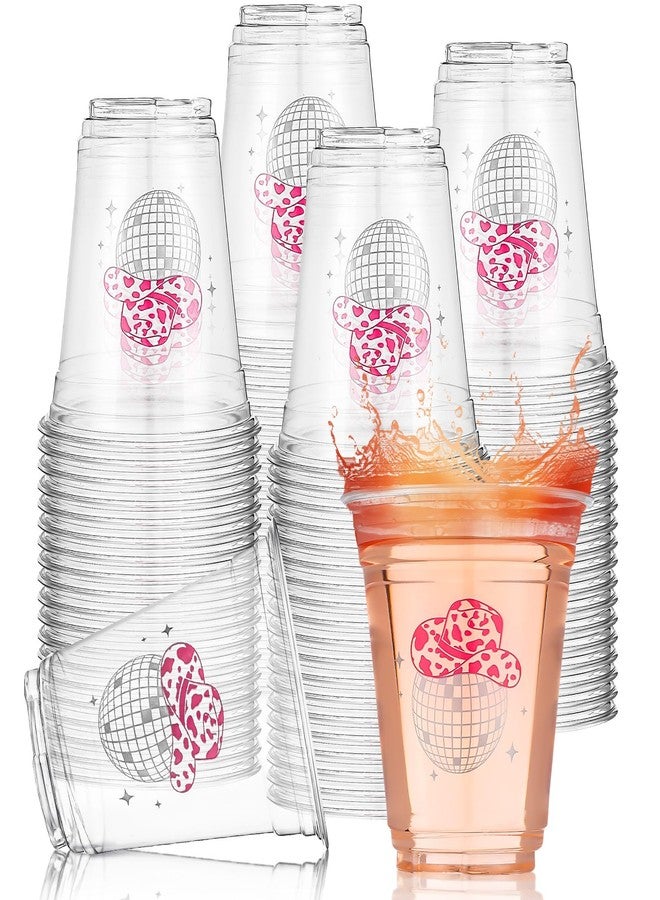 Sliner 100 Pcs Pink Disco Cowgirl Plastic Cups Bachelorette Party Decorations 12 oz Disposable Clear Disco Ball Cups for Bachelorette Birthday Wedding 70s 80s 90s Party - Image 1