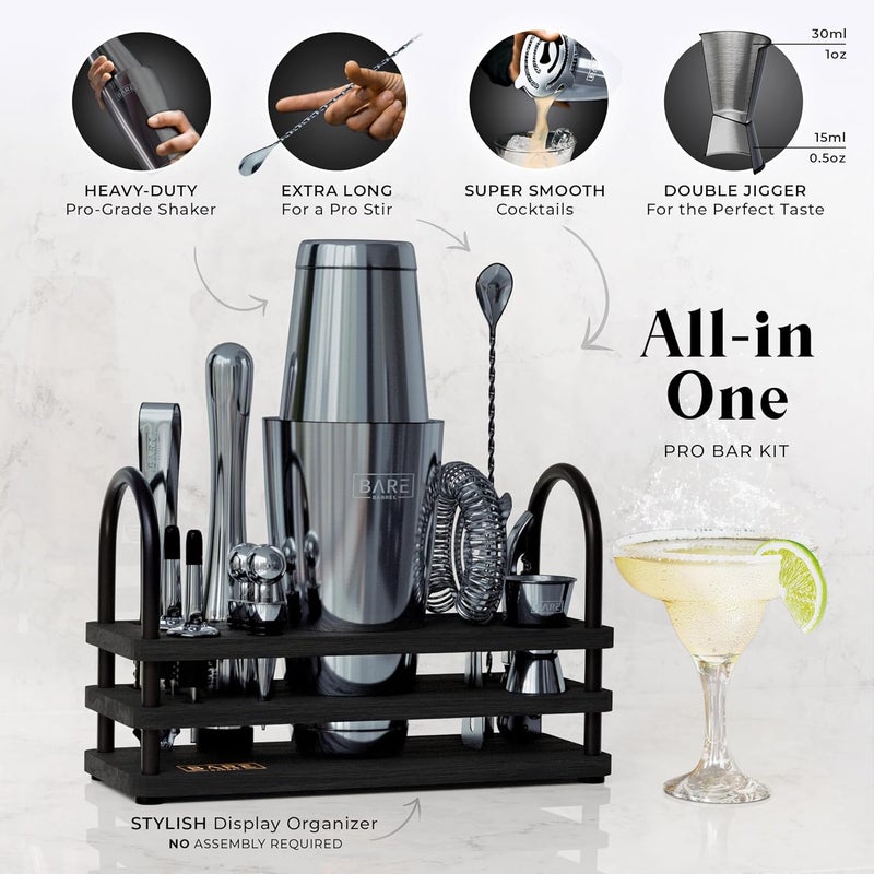 Bare Barrel ® Mixology Bartender Kit Bar Set | 14-Piece Cocktail Shaker Set | Martini Barware Mixing Tools for Home Bartending | 35 Recipe Cards | Gift Set (28oz Boston Shaker, Gray/Black) - Image 2