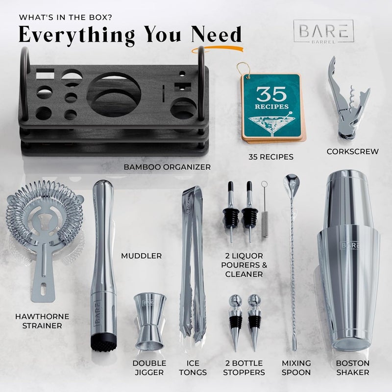 Bare Barrel ® Mixology Bartender Kit Bar Set | 14-Piece Cocktail Shaker Set | Martini Barware Mixing Tools for Home Bartending | 35 Recipe Cards | Gift Set (28oz Boston Shaker, Gray/Black) - Image 4