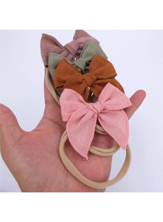 Sugarmelon Linen Bow Nylon Headband for Baby Newborn Infant Toddler Hair Bow Elastic Bands for Baby Girls Little Kids Headbands (Linen Fable bow 3'') - Image 3