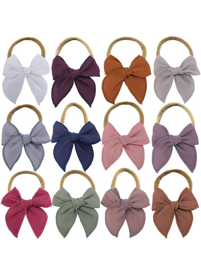 Sugarmelon Linen Bow Nylon Headband for Baby Newborn Infant Toddler Hair Bow Elastic Bands for Baby Girls Little Kids Headbands (Linen Fable bow 3'') - Image 1