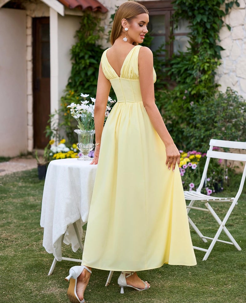 GLNEGE Women's Summer Corset Midi Milkmaid Dress Casual V Neck Flowy A Line Sundress Wedding Guest Dresses with Pockets 2026 Yellow - Image 3