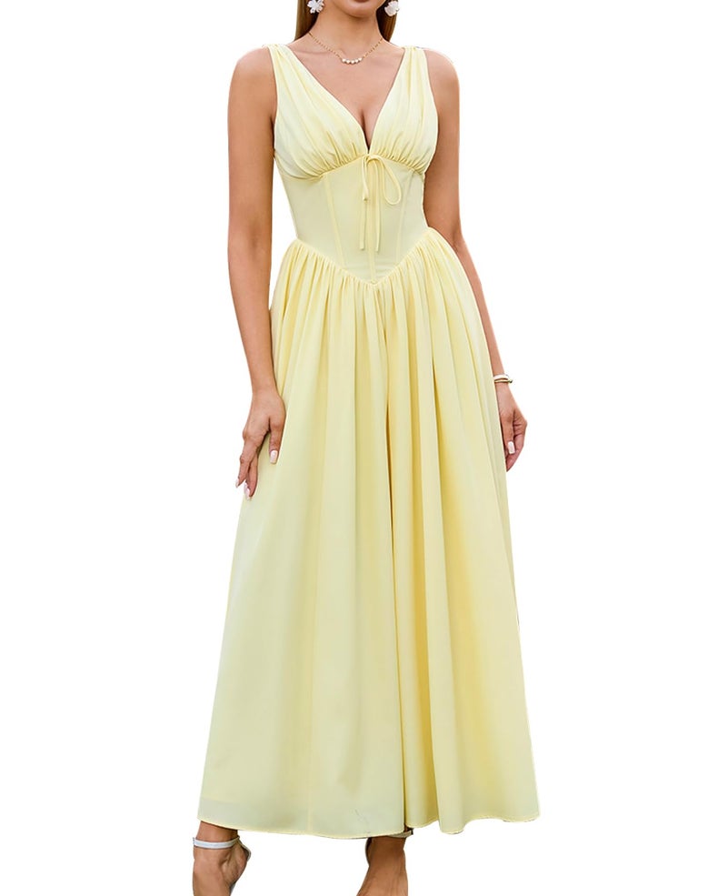 GLNEGE Women's Summer Corset Midi Milkmaid Dress Casual V Neck Flowy A Line Sundress Wedding Guest Dresses with Pockets 2026 Yellow - Image 1