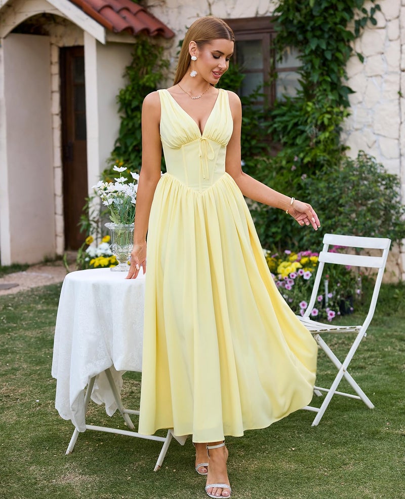 GLNEGE Women's Summer Corset Midi Milkmaid Dress Casual V Neck Flowy A Line Sundress Wedding Guest Dresses with Pockets 2026 Yellow - Image 5
