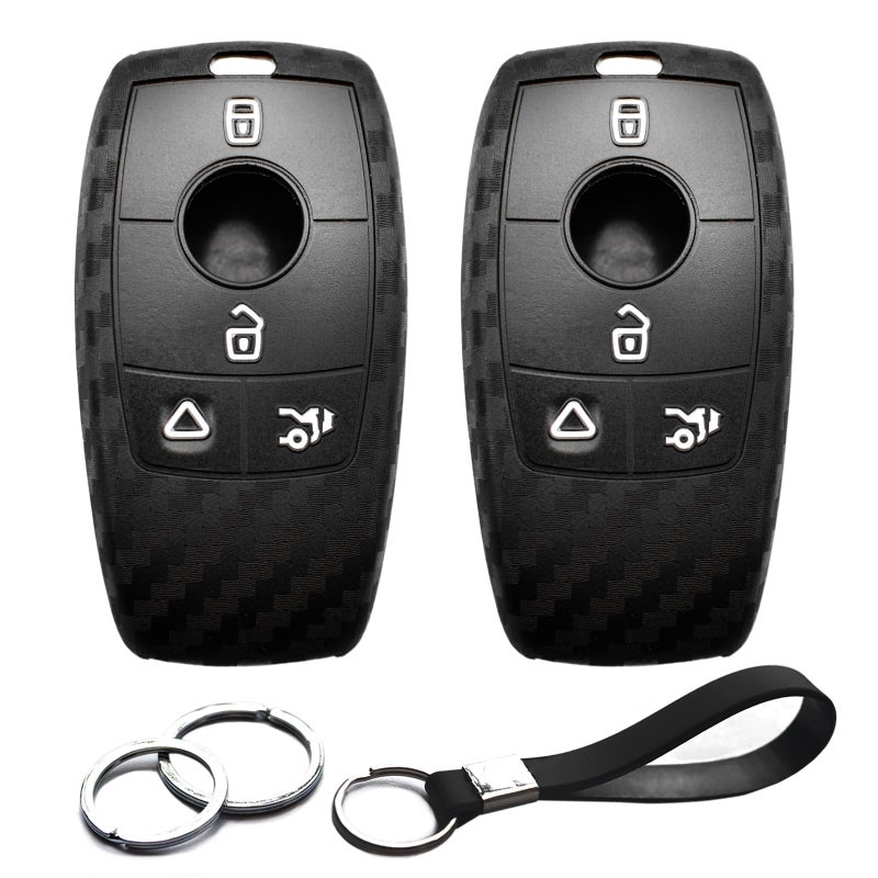 INFIPAR 2pcs Compatible with Mercedes Benz Key Fob Cover Case Key Chain fit for A B C E G S CLA CLS GLA GLB GLC GLE GLS Glass Accessories Protector Keyless Remote Holder Carbon Fiber Black