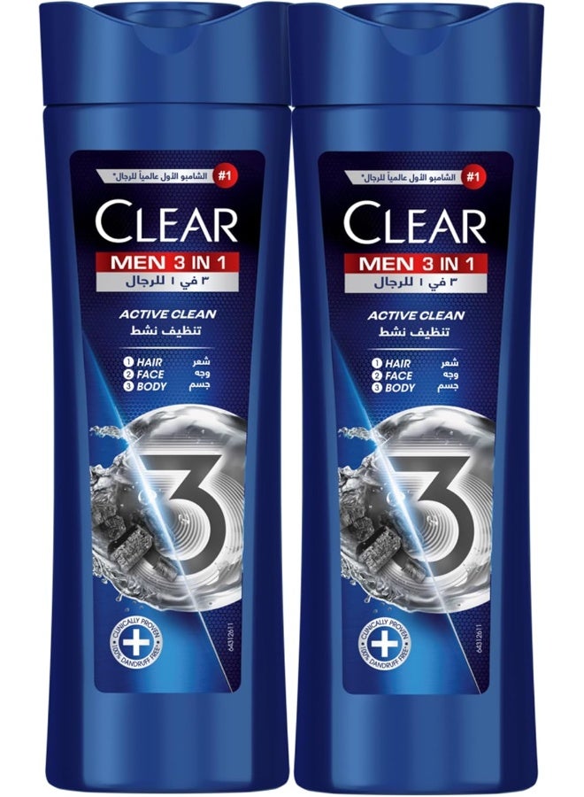 CLEAR Men Complete Care 3in1 Shampoo For Hair, Face & Body With Activated Charcoal 2 x 400ml - Image 1