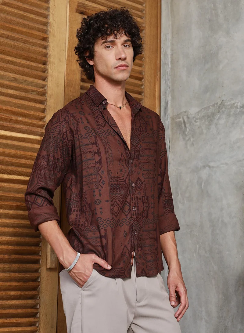 Campus Sutra Men's Russet Brown Aztec-Imprint Shirt