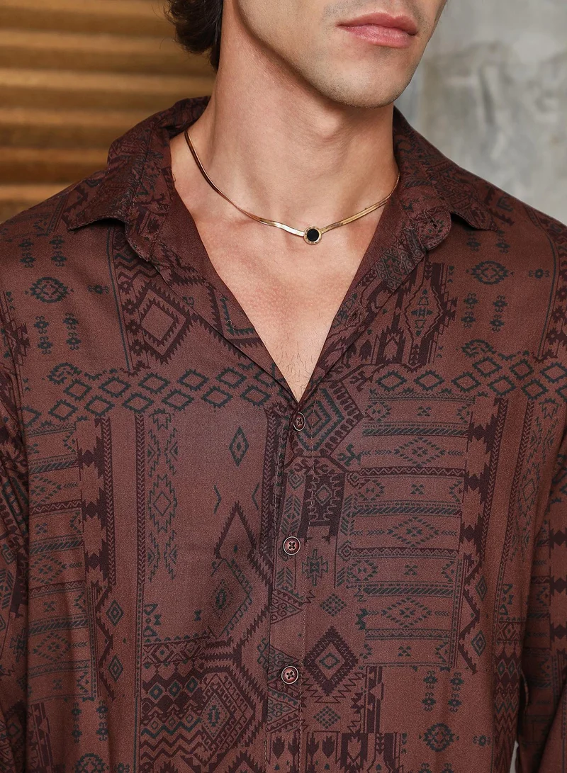 Campus Sutra Men's Russet Brown Aztec-Imprint Shirt