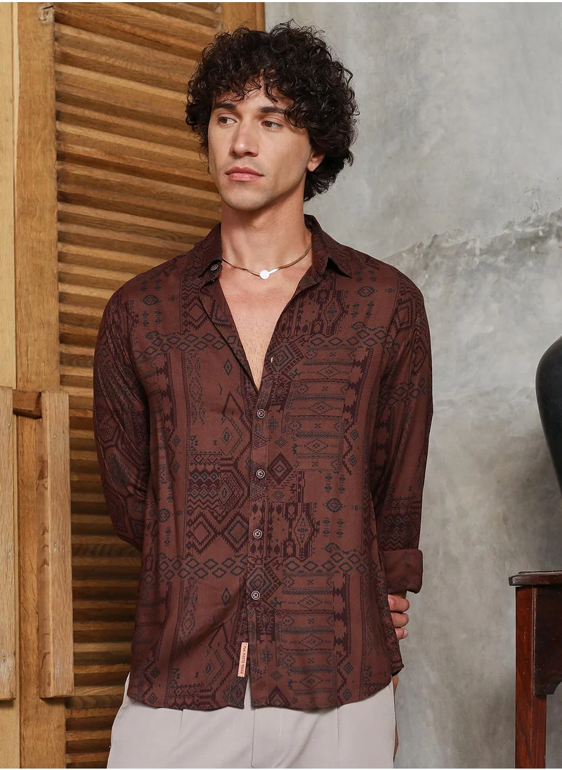 Campus Sutra Men's Russet Brown Aztec-Imprint Shirt