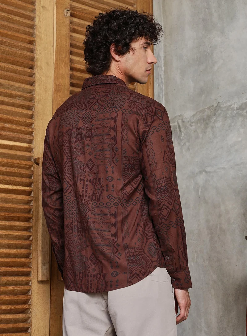 Campus Sutra Men's Russet Brown Aztec-Imprint Shirt