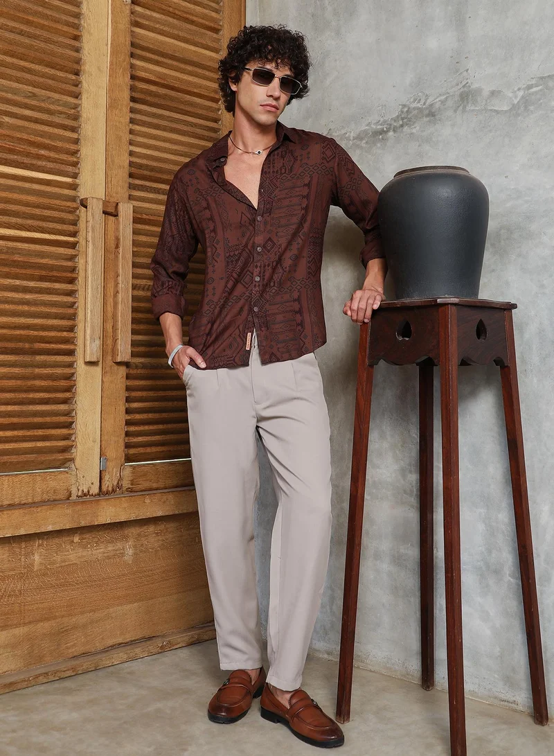 Campus Sutra Men's Russet Brown Aztec-Imprint Shirt
