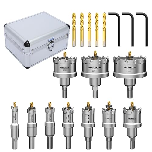 Mollom 10Pcs(14-60mm) TCT Carbide Hole Saw Kit for Hard Metal, 10Pcs Hole Cutters with 3Pcs Extra Pilot Drill Bits and 1Pcs Hex Key for Stainless Steel, Iron,Aluminum,Alloy,Metal. - Image 1