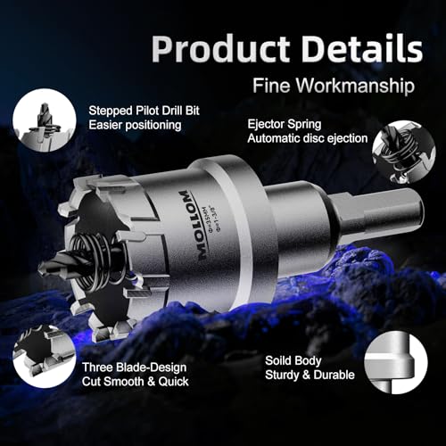 Mollom 10Pcs(14-60mm) TCT Carbide Hole Saw Kit for Hard Metal, 10Pcs Hole Cutters with 3Pcs Extra Pilot Drill Bits and 1Pcs Hex Key for Stainless Steel, Iron,Aluminum,Alloy,Metal. - Image 3