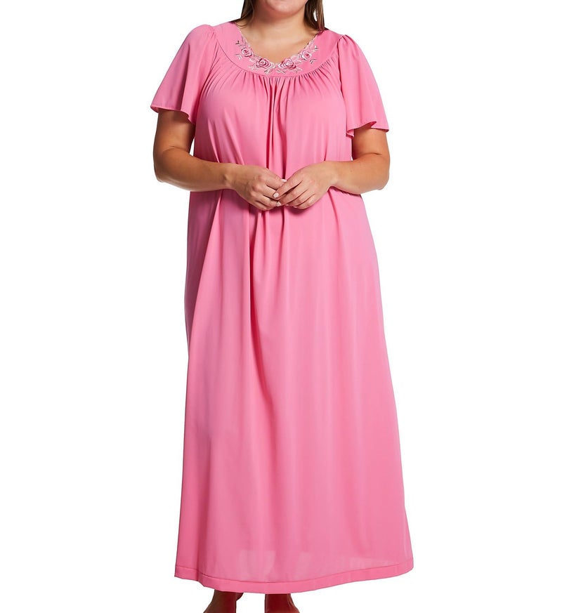 Shadowline Women's Plus-Size Petals 53 Inch Short Flutter Sleeve Long Gown, Rosy Pink, 3X - Image 1