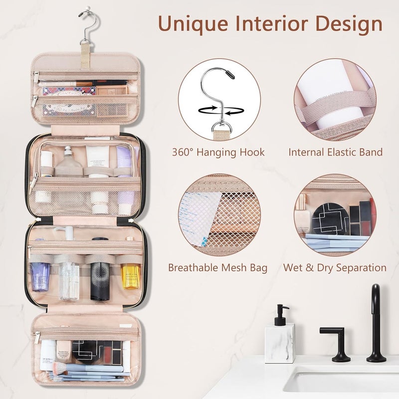 Wedama Toiletry Bag for Women, Hanging Travel Toiletry Bag with Jewelry Organizer Compartment Medium Makeup Bag, PVC Waterproof Cosmetic Travel Bag Trips Camping Bathroom, Black+Brown - Image 5