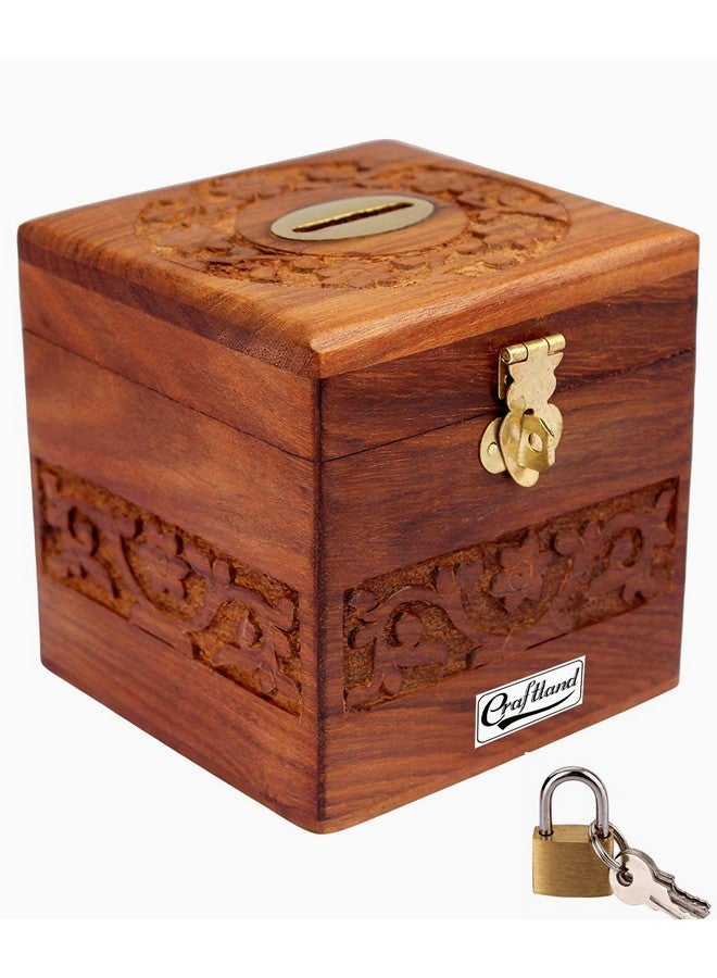 Craftland Wooden Money/Piggy Bank, Money Box, Coin Box with Carved Design for Kids/Children. with Lock - Image 1