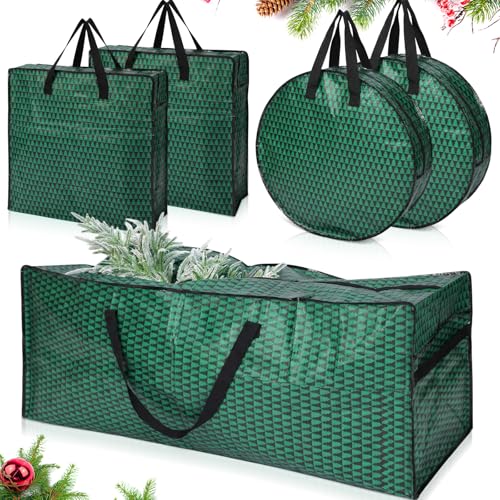 Simgoing 5 Pack Christmas Storage Bags,7.5 ft Green Christmas Tree Large Bag, 24" Wreath Containers and 25" Garland Packing Tote Moving Bags with Handle Zipper for Artificial Xmas Tree Wreath Garland - Image 1