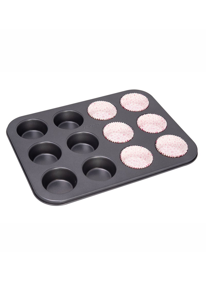 Betty Crocker NON STICK 12 CUP MUFFIN PAN WITH 60 PCS PAPER CUP, GREY COLOR L:35XW:26.5XH:3CM) - Image 1