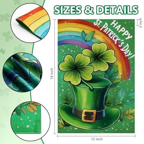 Agroon Happy St Patricks Day Garden Flag 12x18 Inch, Green Hat with Four-leaf Clover Double Sided Flag for Yard Outdoor Decoration - Image 2