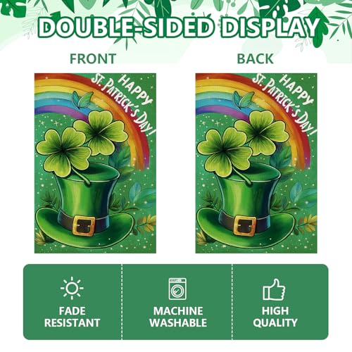 Agroon Happy St Patricks Day Garden Flag 12x18 Inch, Green Hat with Four-leaf Clover Double Sided Flag for Yard Outdoor Decoration - Image 3