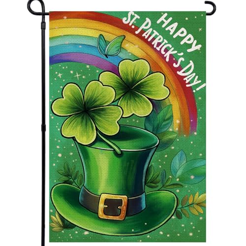 Agroon Happy St Patricks Day Garden Flag 12x18 Inch, Green Hat with Four-leaf Clover Double Sided Flag for Yard Outdoor Decoration - Image 1