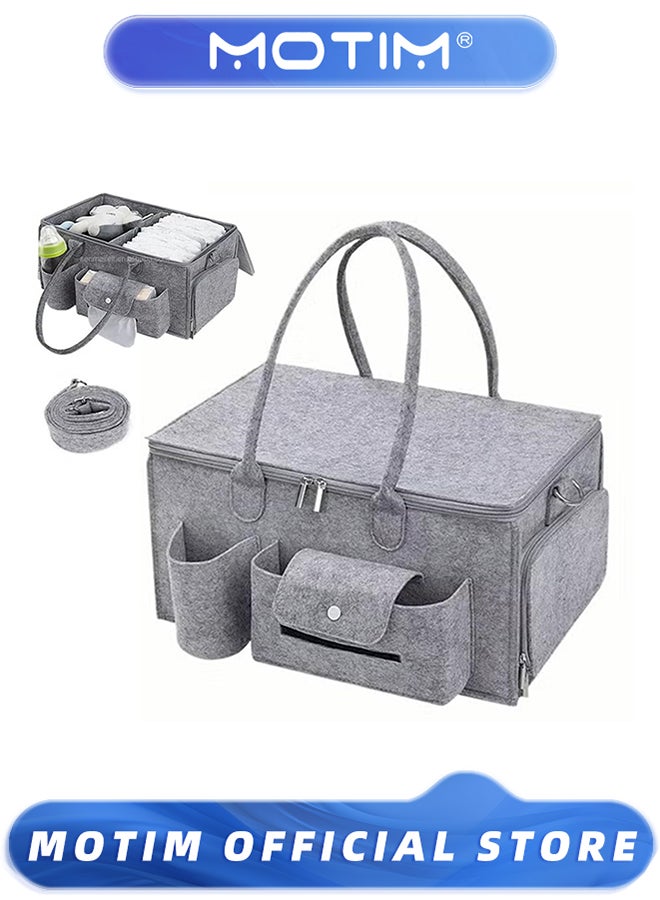 15.7 * 9.4 * 7.9 Inch Baby Diaper Caddy Organizer Portable Diapers Storage Tote Bag with Roll Lid and Removable Dividers for Changing Table or Car