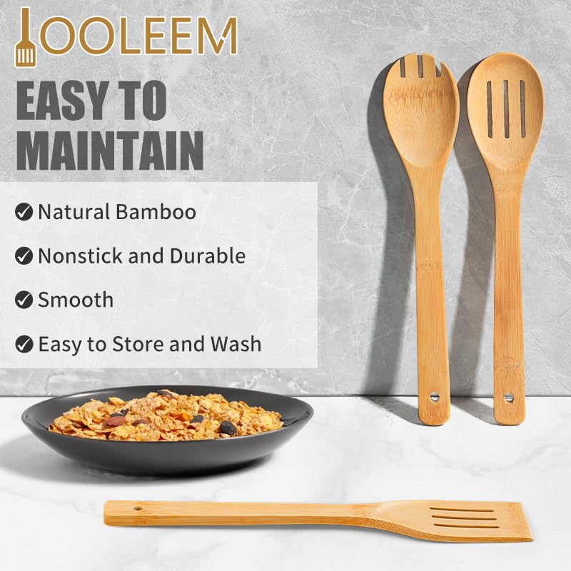 IOOLEEM Bamboo Wooden Spoons for Cooking 6 Pcs 12 Inch, Non-Stick Wooden Kitchen Utensils Set, Natural and Durable Wooden Spatula Spoons for Non-Stick Pan for Cooking - Image 3