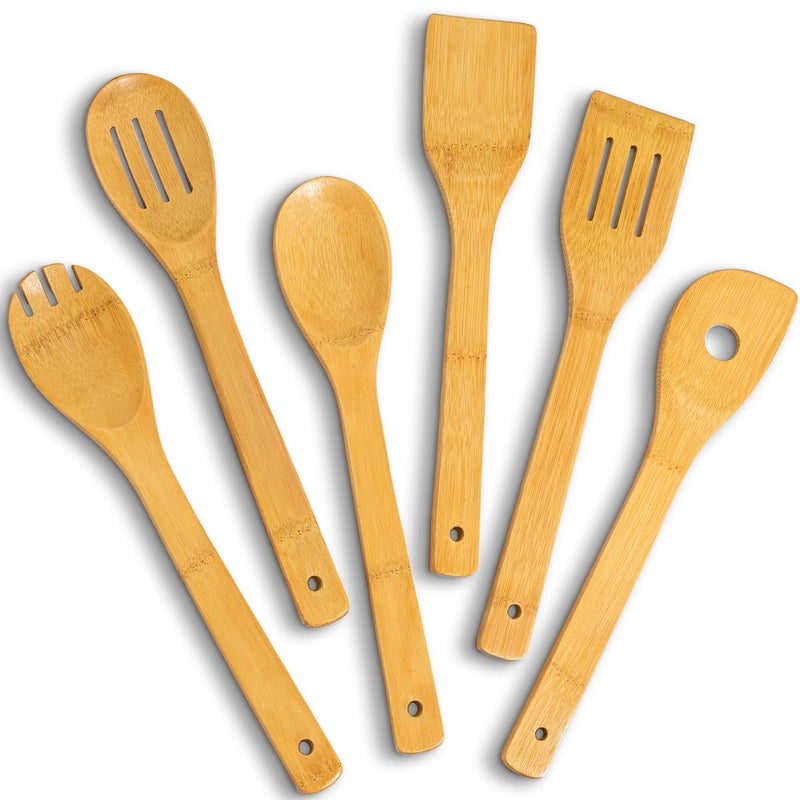 IOOLEEM Bamboo Wooden Spoons for Cooking 6 Pcs 12 Inch, Non-Stick Wooden Kitchen Utensils Set, Natural and Durable Wooden Spatula Spoons for Non-Stick Pan for Cooking - Image 1