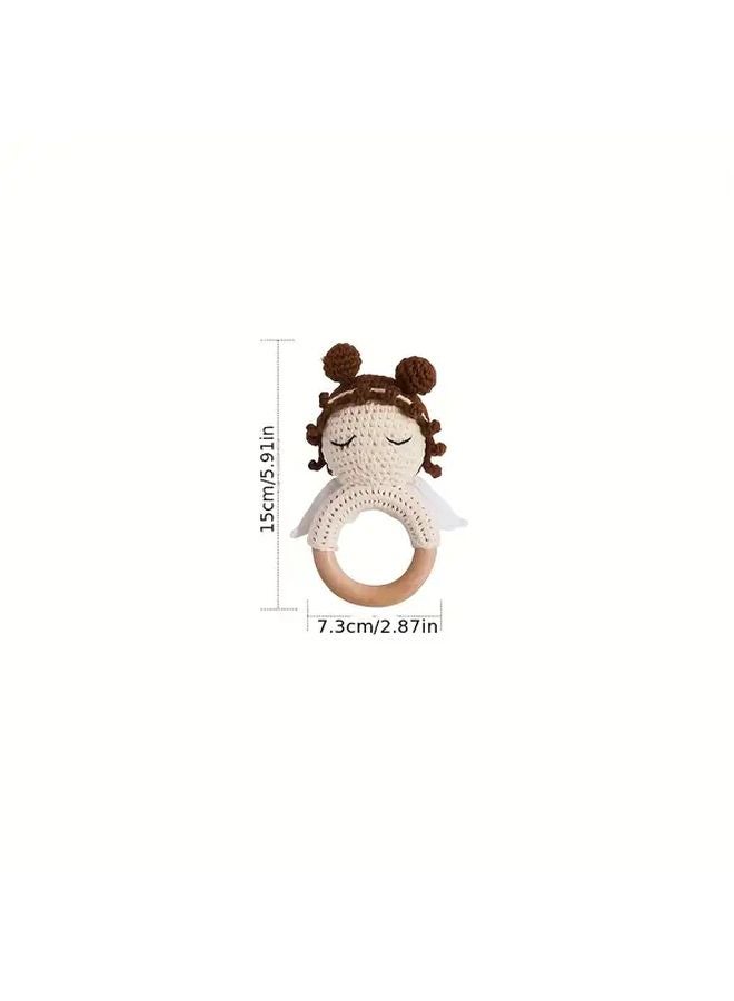 Crochet Angel Baby Rattle With Brown Headband Blue Bow Soft White Wings Gift - Image 3