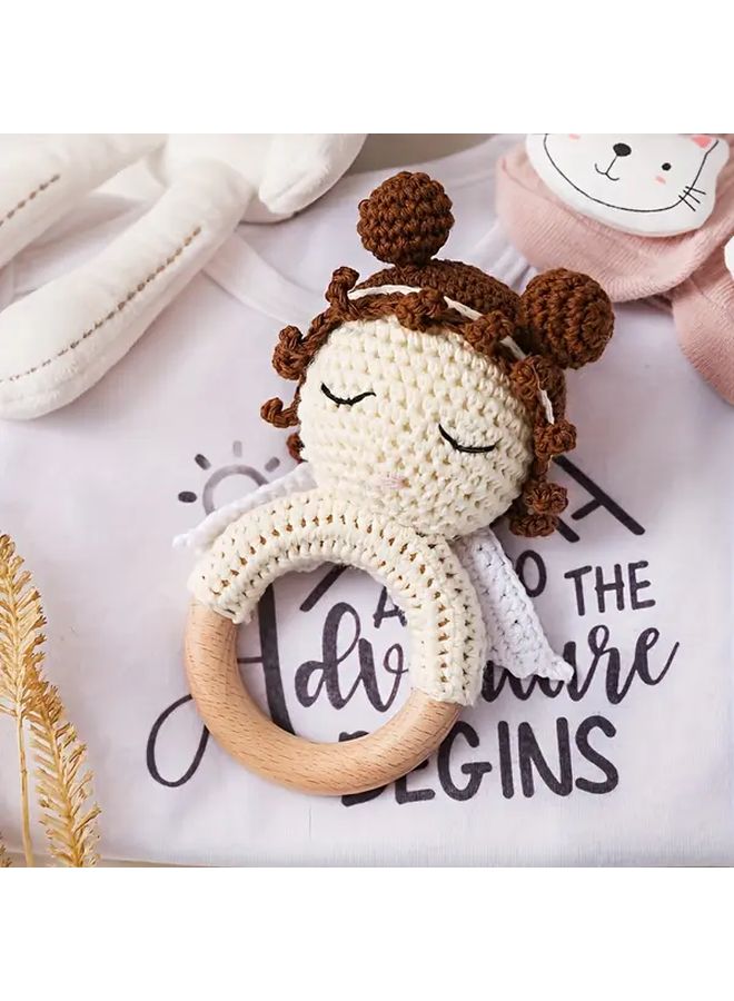 Crochet Angel Baby Rattle With Brown Headband Blue Bow Soft White Wings Gift - Image 5