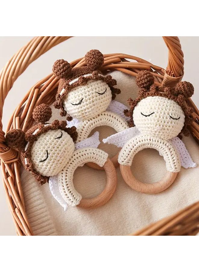 Crochet Angel Baby Rattle With Brown Headband Blue Bow Soft White Wings Gift - Image 2
