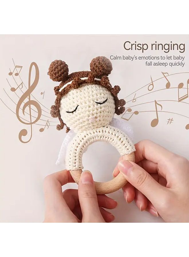 Crochet Angel Baby Rattle With Brown Headband Blue Bow Soft White Wings Gift - Image 4