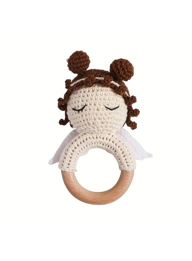 Crochet Angel Baby Rattle With Brown Headband Blue Bow Soft White Wings Gift - Image 1