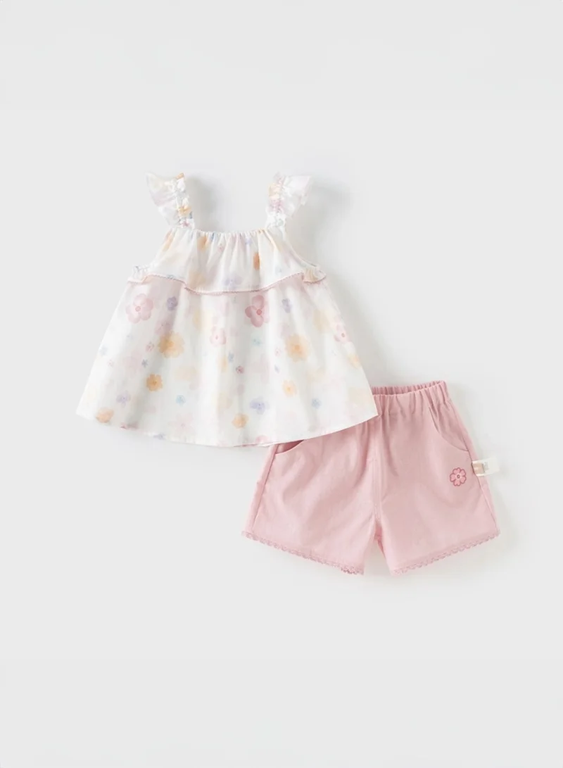Dave & Bella Girls Floral Top and Shorts Set with Ruffle Straps and Pink Trim