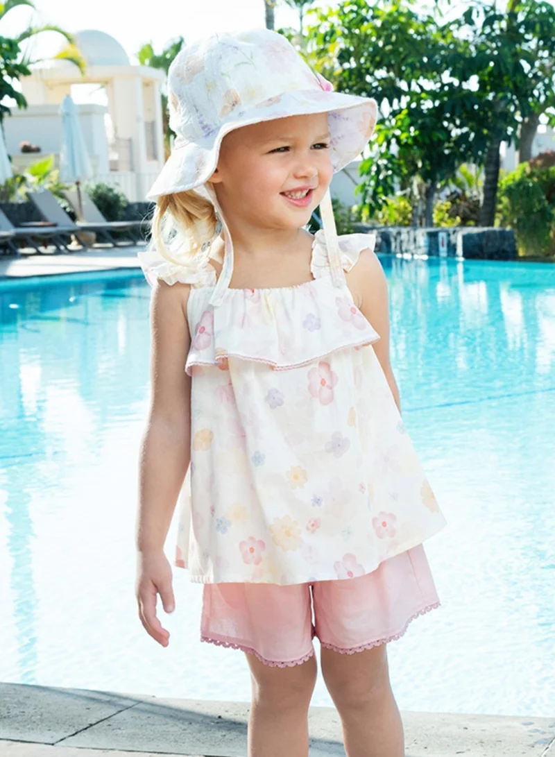 Dave & Bella Girls Floral Top and Shorts Set with Ruffle Straps and Pink Trim