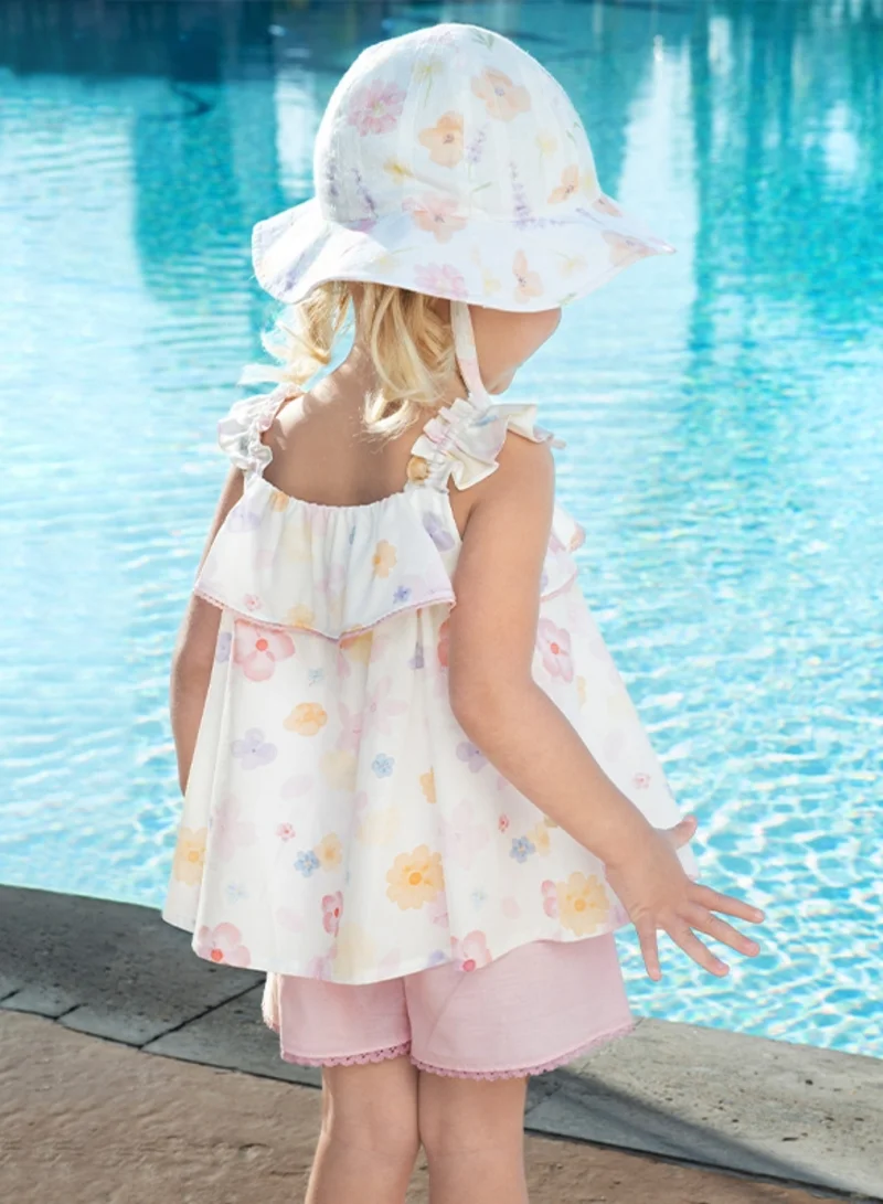 Dave & Bella Girls Floral Top and Shorts Set with Ruffle Straps and Pink Trim