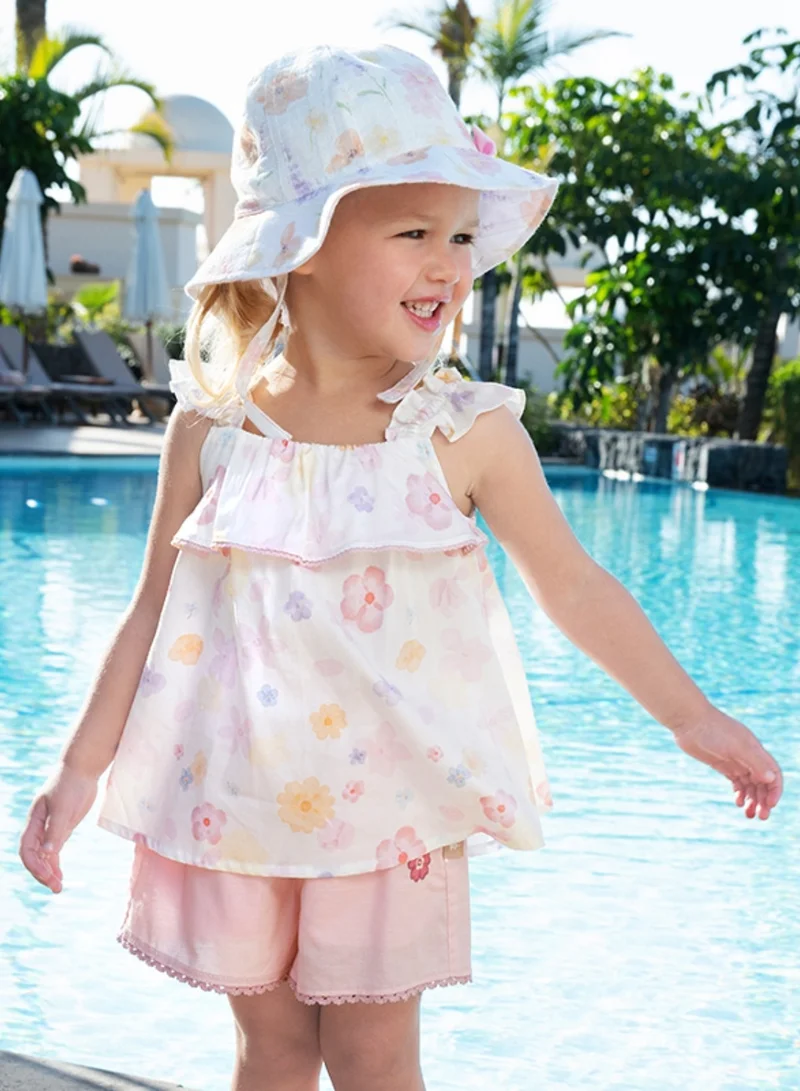 Dave & Bella Girls Floral Top and Shorts Set with Ruffle Straps and Pink Trim