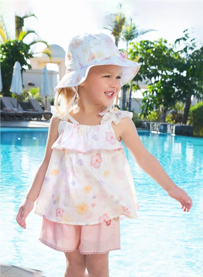 Dave & Bella Girls Floral Top and Shorts Set with Ruffle Straps and Pink Trim
